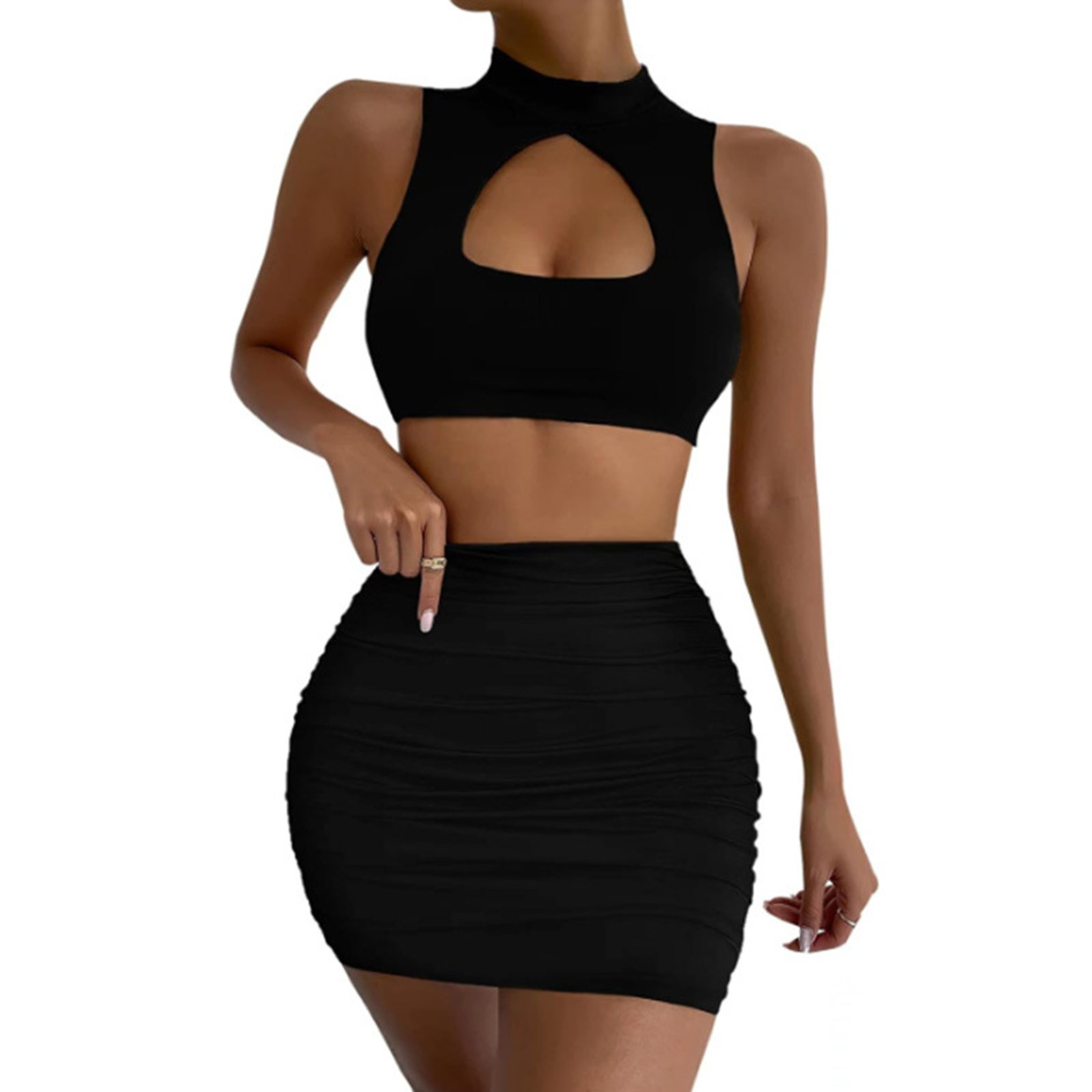 thumbnail image 3 of Conjunto de top corto con aberturas y falda para mujer: vestido ajustado sexy, poliéster y spandex, conjunto para salir de fiesta por la noche, 3 of 5